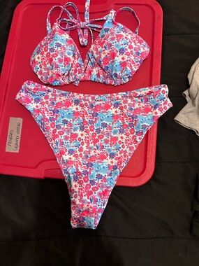 SHEIN Pink Blue Floral Two-Piece Bikini